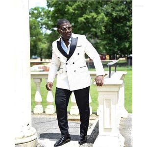 Trajes de hombre último diseño abrigo blanco pantalón negro Formal Delgado doble botonadura hecho a medida novio boda elegante esmoquin Veste Homme Luxe