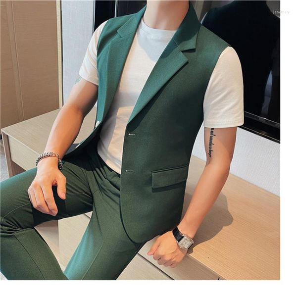 Costumes pour hommes dernier été mince affaires formel Social sans manches costume 2 pièces solide simple boutonnage Blazer hommes robe de mariée