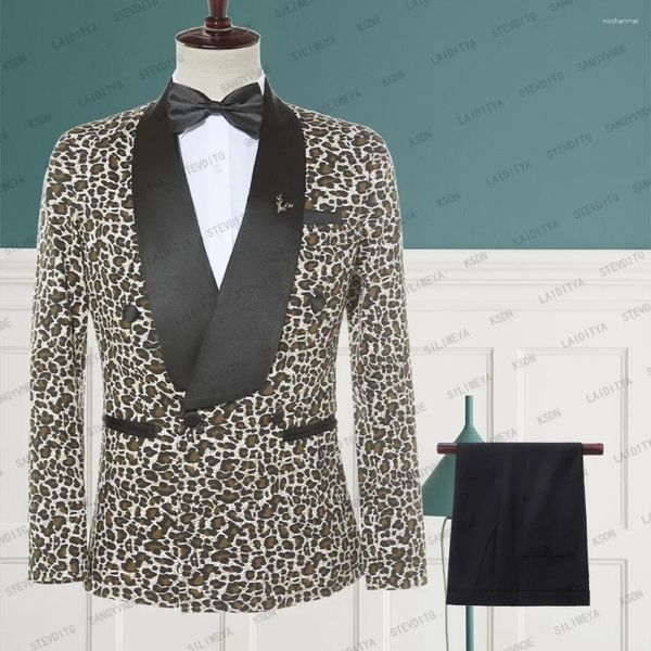 Trajes de hombre con estampado de leopardo, conjunto de 2 uds., solapa de satén negro, traje de esmoquin para novio, chaqueta de boda, pantalones