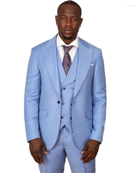 Trajes de hombre Blazer azul claro Conjuntos 3 piezas Solapa en pico Traje de hombre de un solo pecho para novio Vestidos de novia Esmoquin formal de negocios Slim Fit