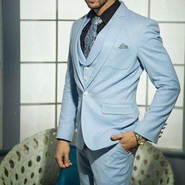 Trajes de hombre azul claro Casual hombres Slim Fit 3 piezas esmoquin de boda para padrinos de boda con solapa con muescas hombre moda conjunto chaqueta chaleco pantalones