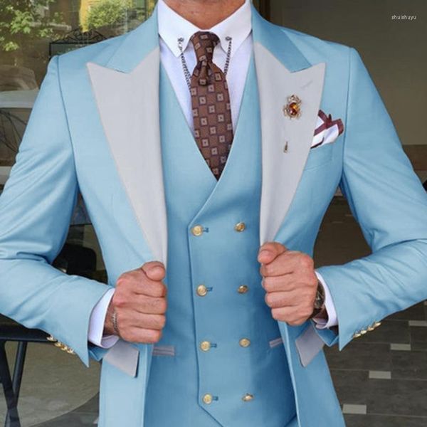 Trajes de hombre, traje de esmoquin de novio azul claro, traje de 3 piezas ajustado para hombre, fiesta de boda, hecho a medida, personalizado para hombre (chaqueta, chaleco, pantalones)