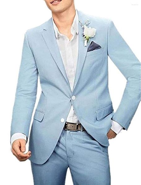 Trajes de hombre azul claro para hombre, 2 piezas, solapa formal, boda, dos botones, esmoquin para padrinos de boda (chaqueta y pantalón)