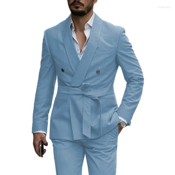 Costumes pour hommes bleu clair hommes avec ceinture châle revers sur mesure mariage bal Terno Masculino Slim Fit marié Blazer 2 pièces veste pantalon