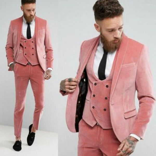 Trajes para hombres Light Blush Pink Velvet Fit Slim Men traje de boda de boda Man Blazer formal Blazer 3 Pcs Jacket Vest Pantra Ropa Hombre