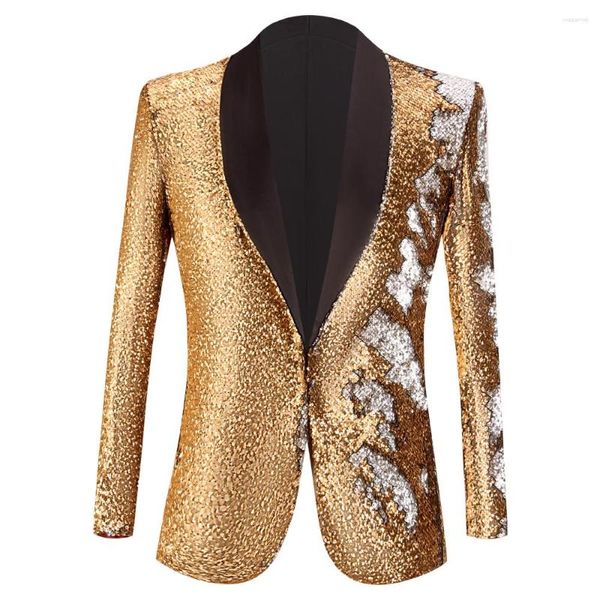 Trajes de hombre con lentejuelas doradas claras, chaqueta con cuello tipo chal con un botón, chaqueta para hombre con brillo ostentoso, chaqueta para discoteca, graduación, DJ, boda