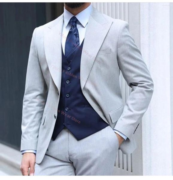 Costumes pour hommes gris clair manteau pantalon bleu marine gilet homme costume ensemble élégant vêtements de luxe designer petit ami mâle blazer robe de cérémonie de mariage