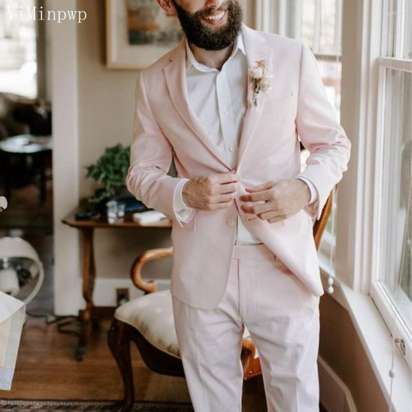 Trajes de hombre de color rosa claro para hombre, 2 piezas, solapa con muescas, un solo pecho, chaqueta de ventilación lateral trasera, chaqueta, esmoquin, novio, traje de boda, abrigo, pantalón