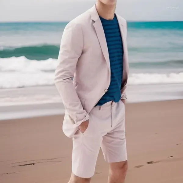 Trajes de lino para hombre, esmoquin de playa para novio, para boda, con pantalones cortos, traje ajustado de 2 uds, traje para fiesta de graduación, chaqueta de solapa con muescas personalizada 2024