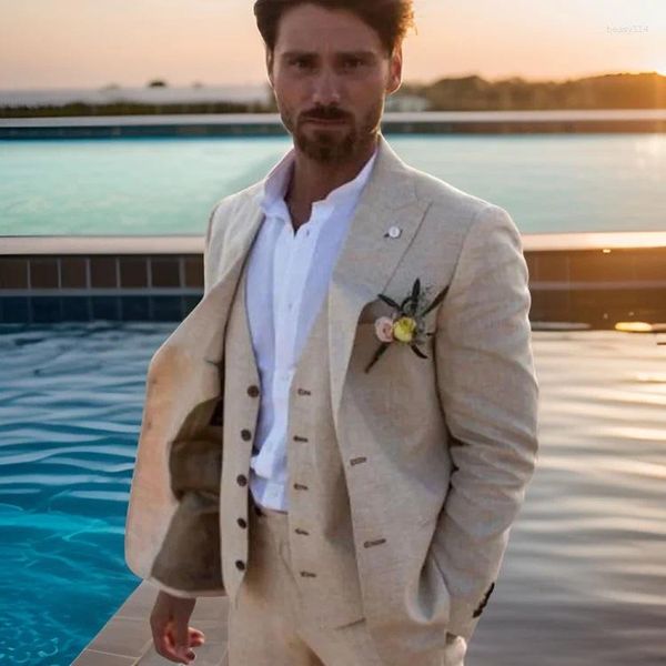 Costumes pour hommes Lin pour hommes Beach Summer Slim Fit Beige Groom Mariage Tuxedo 3 pcs Costume de style italien Blazer (veste gilet pantalon) 2024