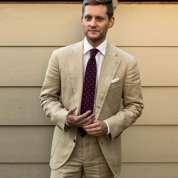 Trajes para hombres lino khaki smart casual negocios blazer fit de boda tuxedos hombre 2pcs (pantalones de chaqueta)