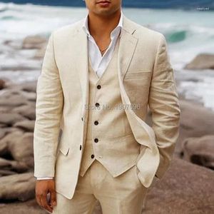 Costumes pour hommes en lin mariage pour hommes 3 pièces Tuxedos de marié décontracté plage ensemble personnalisé veste gilet avec pantalon mode américaine 2024
