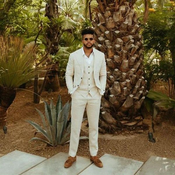 Trajes de hombre Boda de lino para hombres 3 piezas Ropa de novio de verano Blazer Chaqueta Esmoquin Traje Homme Mariage Slim Fit Abrigo Chaleco Pantalón