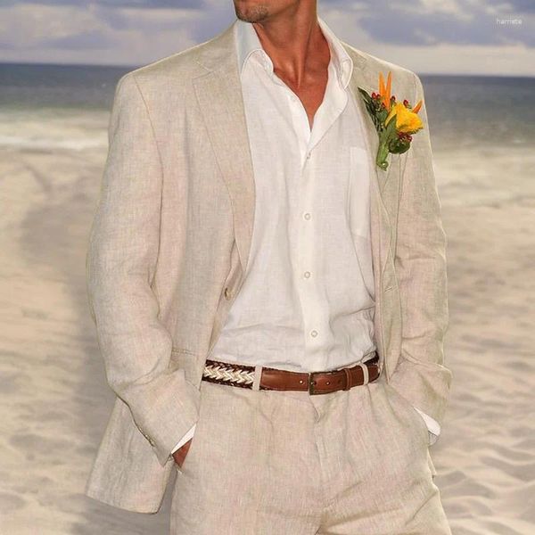 Trajes para hombres de lino para boda de lino para hombres beige de verano 2 piezas traje de estilo de estilo de estilo 2024 chaqueta americana 2024 con pantalones