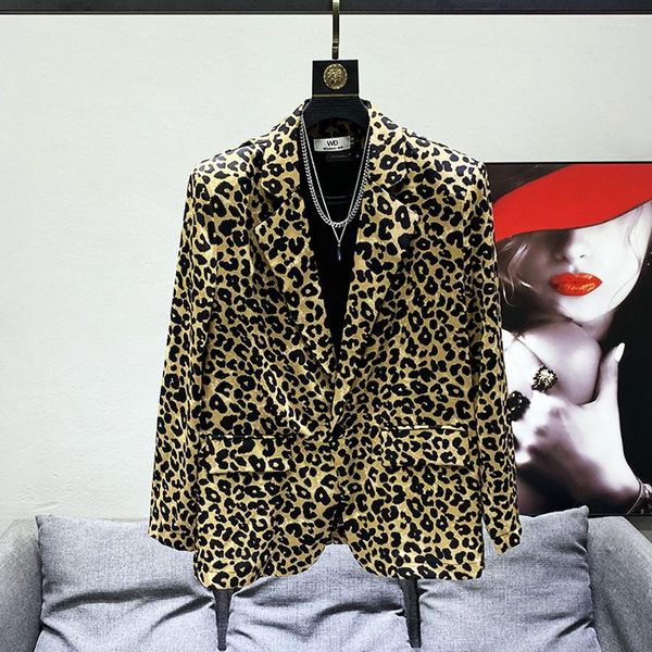 Trajes de hombre de manga larga con estampado de leopardo, Blazers informales para hombre, abrigo holgado de seda helada con un solo botón, tendencia de verano 2023 21F3515