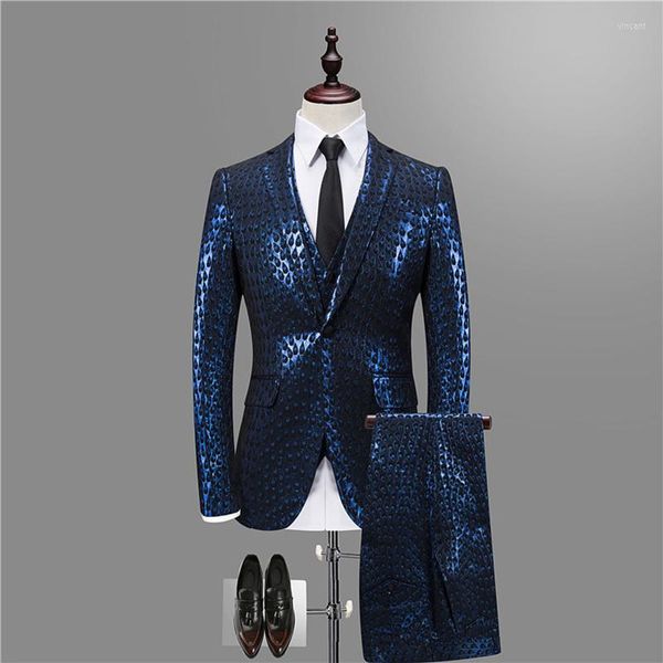 Trajes de hombre traje barroco de lujo oro azul esmoquin chaqueta chaleco pantalón fumar Homme traje Mariage fiesta boda etapa ropa 3XL