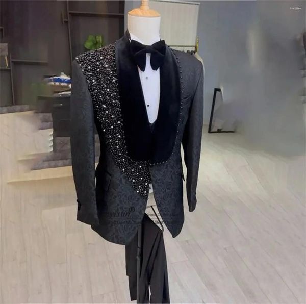 Costumes pour hommes Mariage de perles de luxe pour hommes Jacquard Mâle Prom Blazers Pantalons Tenues 2 pièces Ensembles Groom Tuxedos Slim Fit Costume Homme