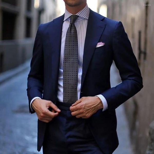 Trajes de Hombre Blazer de lujo solapa de muesca de un solo pecho Slim Fit elegante boda Terno azul marino chaqueta de 2 piezas pantalones Ropa Hombre