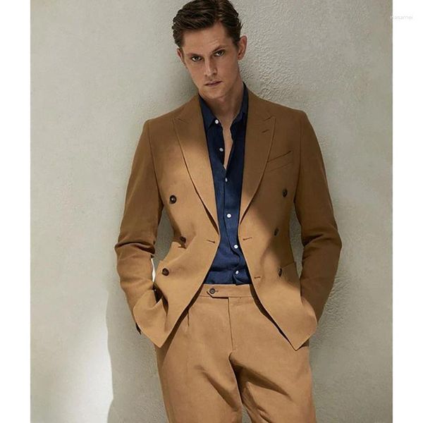Trajes de hombre Blazer de lujo marrón para hombre solapa con pico doble botonadura elegante hecho a medida chaqueta de 2 piezas pantalones ajustados para boda