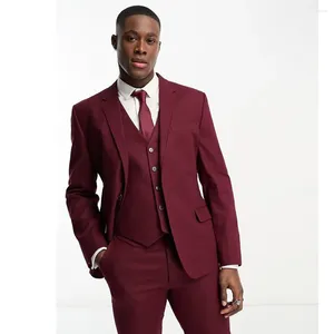 Costumes de luxe pour hommes, Blazer bordeaux, revers cranté, simple boutonnage, coupe cintrée, veste, pantalon, gilet, Costume 3 pièces, 2024