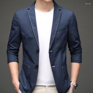 Costumes pour hommes Blazer en jean de luxe 2023 printemps automne hommes intelligent décontracté classique couleur unie coréen coupe ajustée costume vestes manteau