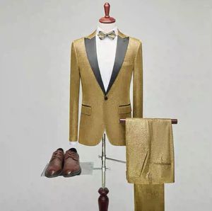 Trajes de hombre de lujo dorado brillante para hombre 2 uds. Ropa plateada para escenario cantantes masculinos azul marino claro ropa de fiesta traje de caballero Slim Fit