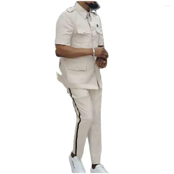 Costumes pour hommes Costume de luxe ivoire à manches courtes Blazer pantalon manteau portant une grande poche vêtements d'été Costume Homme Safari veste 2 pièces