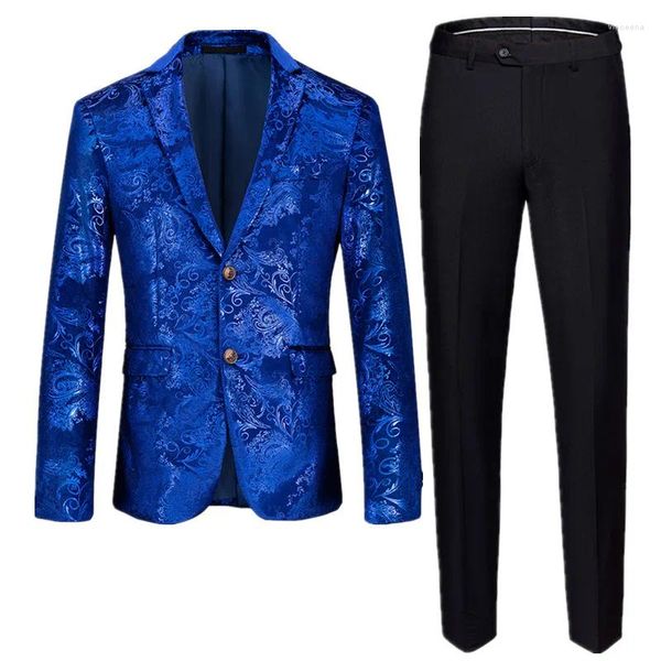 Trajes para hombres Hombres de lujo Banquete social de negocios Traje de terciopelo dorado Conjunto de estampado de moda de 2 piezas Fiesta de bodas Novio Vestido de esmoquin Blazers Pantalones