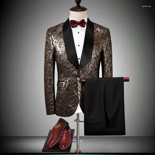 Costumes de luxe pour hommes, marque de mariage, col châle noir, veste de smoking dorée de styliste, bal de promo, dernières conceptions de pantalon, 86680