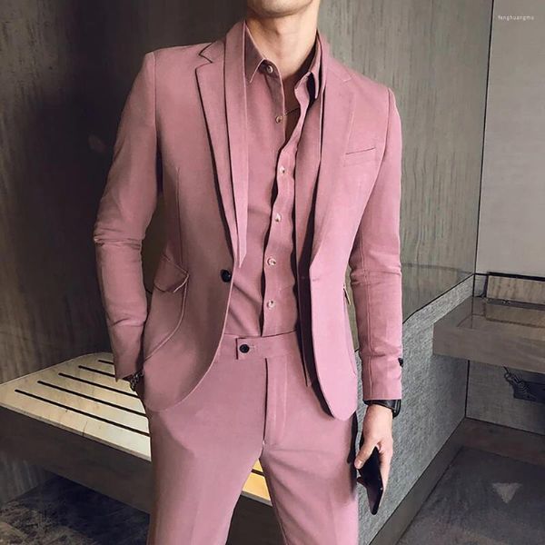 Trajes para hombres Hombres de lujo Boda Dusty Pink Solo pecho Solapa con muesca Moda Blazer Traje Homme Chaqueta de dos piezas Pantalones Slim Fit