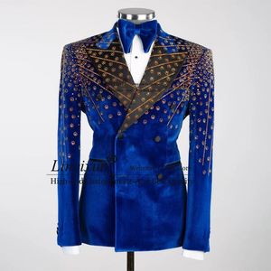 Herenpakken Luxe Metaal Goud Kralen Heren 2-delige sets Bruidegom Smoking Fluwelen Bruiloft Mannelijke Prom Blazers Slim Fit Zakelijk Kostuum Homme