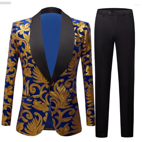 Trajes de hombre de lujo azul real vestido de lentejuelas Blazer hombres club nocturno escenario chal cuello hombres traje chaqueta boda fiesta Masculino