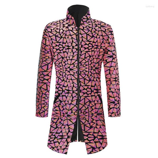 Trajes de hombre Lentejuelas de lujo Bordado Terciopelo Blazer Abrigo largo medio Cuello alto delgado Cremallera Fiesta Concierto Chaqueta Traje para espectáculo en escena