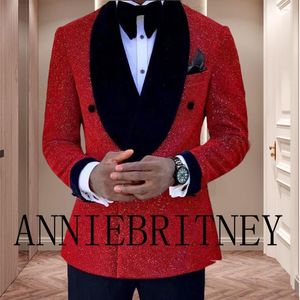 Costumes pour hommes luxe brillant rouge Blazer ensembles pour mariage marié 2023 noir velours revers 2 pièces fête Slim Fit élégant veste sur mesure