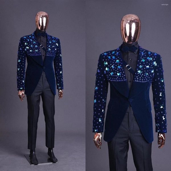 Trajes de hombre de lujo a medida 2 piezas chaqueta de terciopelo pantalones negros un botón diamantes con cuentas brillante novio de boda de talla grande