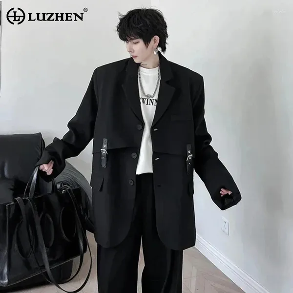 Trajes para hombres Luzhen 2024 Diseño de nicho coreano empalmando la chaqueta blazer casual suelta original de la calle de moda hebilla de cuero lz2706