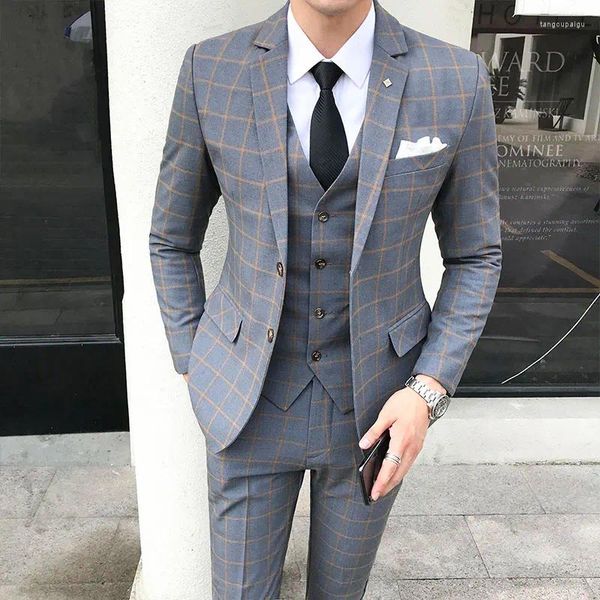 Men's Suits Male 3 Piece Set Blazer Vest Pants High-end Brand Boutique Plaid Business Slim Suit Groom Wedding Dress Party Social