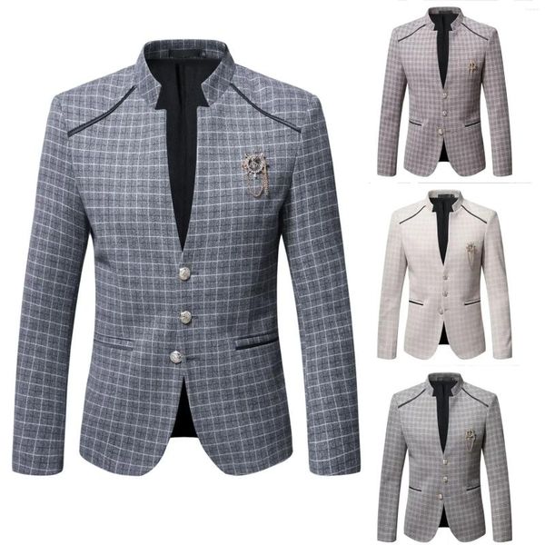 Trajes para hombre, Otoño e Invierno, estampado de cuadros, Blazers, estilo inglés, vestido ajustado, esmoquin para personas mayores, abrigo informal de negocios para hombre