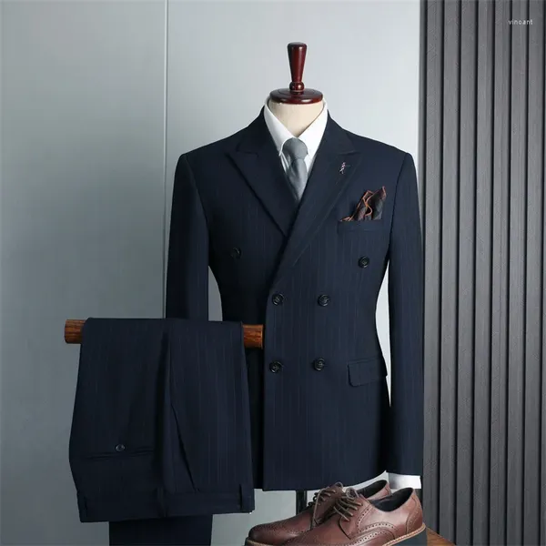 Trajes de hombre elegante azul negro rayas banquete vestido de boda chaqueta traje de negocios Oficina Formal conjunto de 2 piezas chaqueta y pantalón
