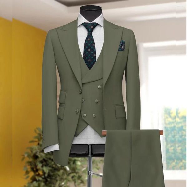 Costumes pour hommes vert simple boutonnage revers à pointe 3 pièces veste pantalon gilet affaires ensemble complet élégant Blazer Costume