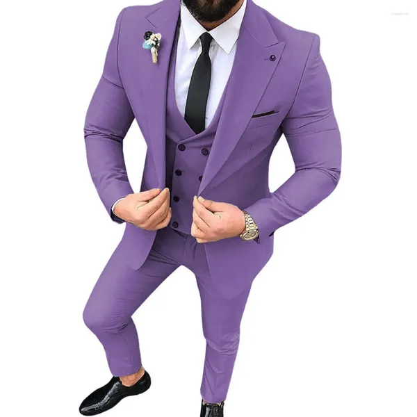Costumes pour hommes Costume masculin élégant violet bouton unique affaires tenue de bureau mariage marié Banquet hommes Slim Fit veste gilet et pantalon 3 pièces ensemble