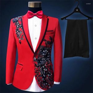 Costumes pour hommes Costume masculin Slim Rouge Robe de mariée brodée Paillette Piano Hommes Sequin Blazer Vêtements de danse Veste Star Style Punk