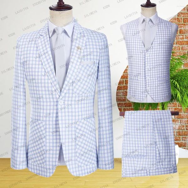 Costumes pour hommes Mâle Mariage 2023 Été Business Formel Bleu Plaid Lin Costume De Luxe Fit Manteau Pantalon Hommes Robe Blazers Pantalon Gilet 3 Pièce