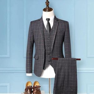 Herenpakken Man (Blazer Vestbroek) Italiaanse stijl Fashion Business Elegant Gentleman Plaid Slim Casual Formeel pak stuk