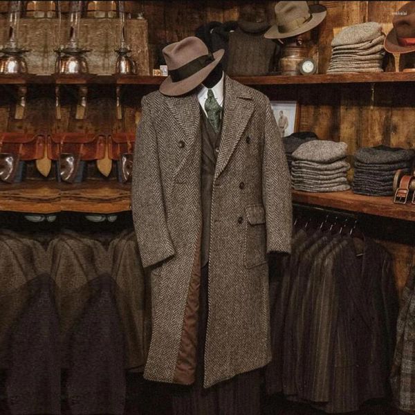 Trajes de Hombre Abrigo de Lana en Espiga para Hombre Abrigo de Doble Botonadura Hecho a Medida de 1 Pieza Chaquetas de Traje cálido de Invierno Blazers para Novio de Boda de Negocios