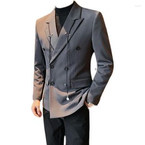 Herenpakken man vintage mode riem pak jas blazer mannen zakelijk casual dubbele borsten slank fit jas Brits streetwear