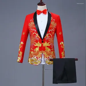 Costumes pour hommes hommes 2 pièces Chine Red Broidery Wedding Party Banquet Robe Costume Boys Suit Blazer Pantal