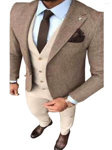 Costumes pour hommes Hommes 3 Pièces Laine Tweed Veste De Mariage Classique Revers Cranté Dîner Homme Blazer Marié (Blazer Gilet Pantalon)