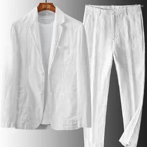 Costumes Hommes 2 Pièces Lin Coton Poche Blanc Noir Pour Décontracté Formel Hommes Costume Vêtements Veste Style Mince Au Printemps Et En Été