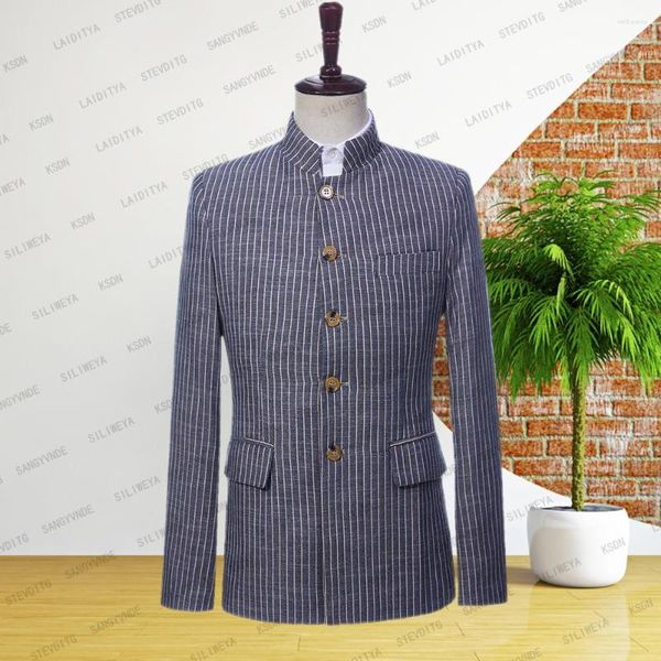 Costumes pour hommes 2023 Business Official Navy Suit White Striped Standing Collar Classic Single Breasted Elastic One Piece Slim Fit Coat